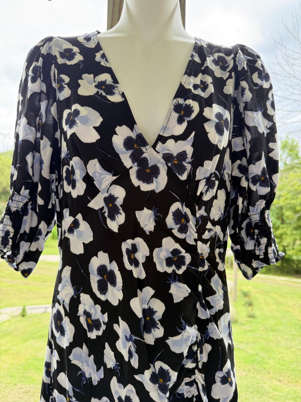 H&M Fairycore Black Floral Pansy Ruched Front Slit Maxi Dress S Garden Woodland